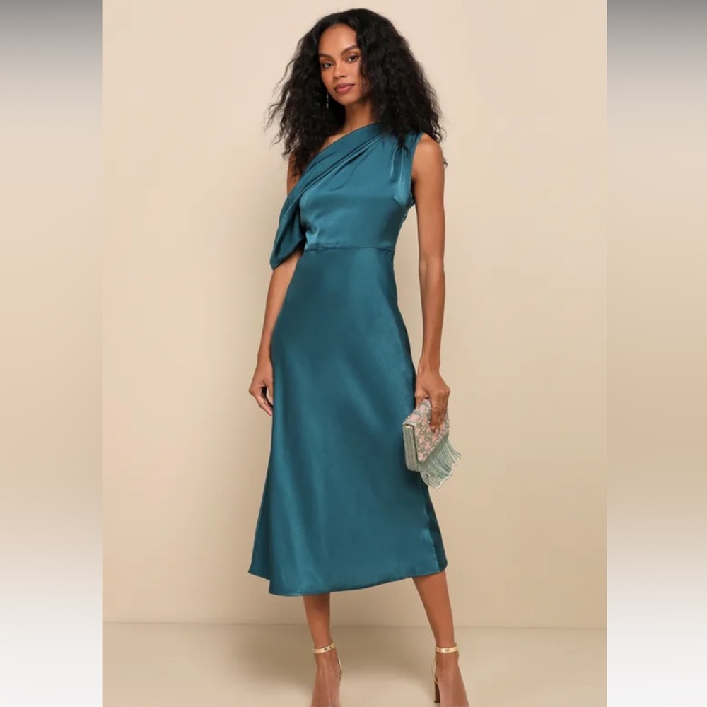 Renowned Refinement Teal Satin Asymmetrical Midi Dress